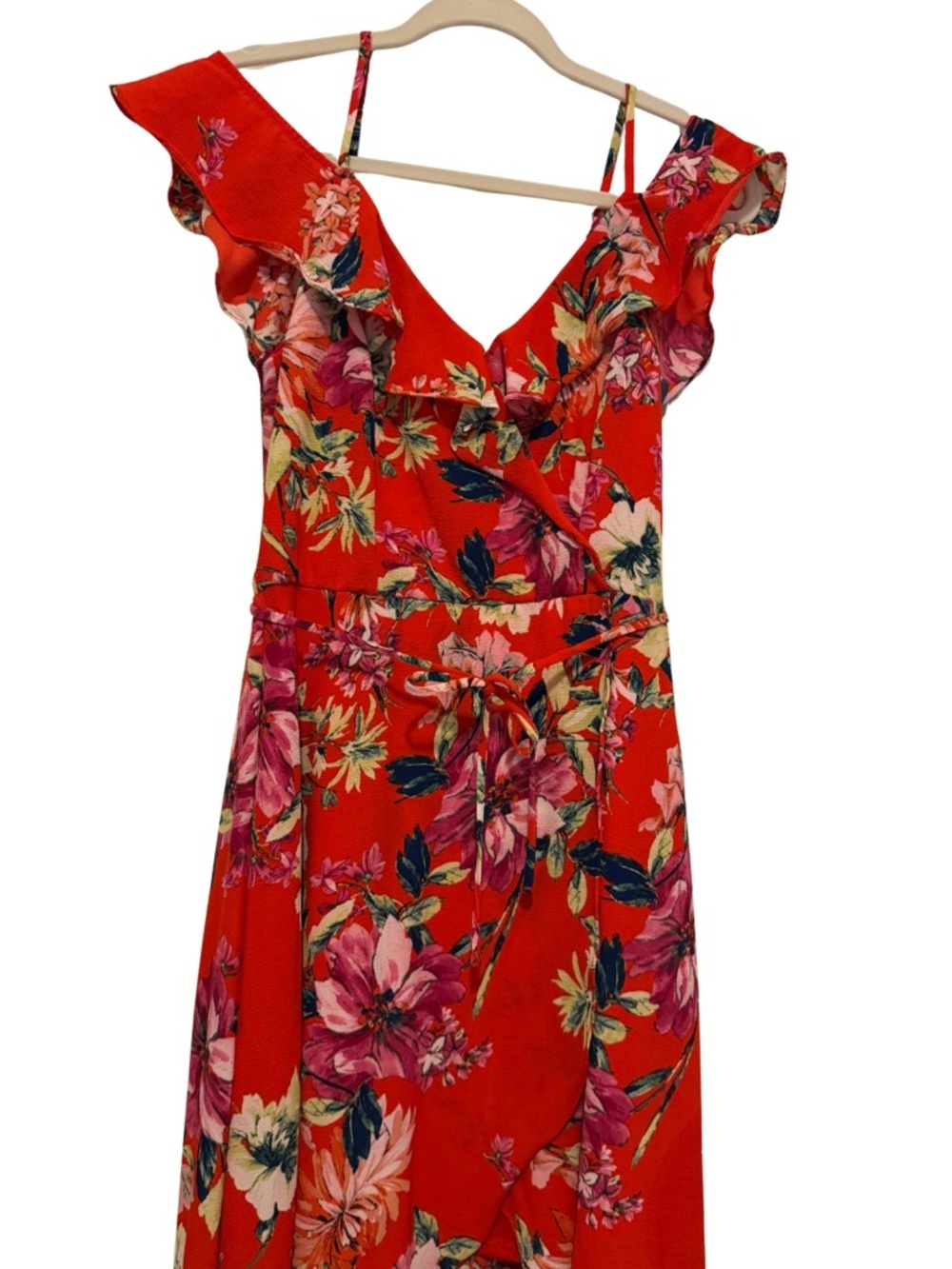 I.N. San Francisco Bright Red Floral Faux Wrap Flowy Dress Small NWT - Picture 7 of 11